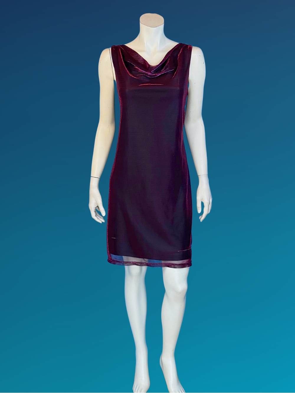 90s Plum Metallic LIQUID Metallic Shimmer Cowl Neck Cocktail Dress | S